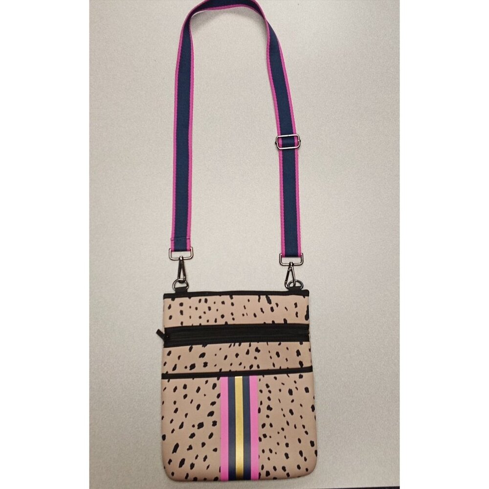 Neoprene Crossbody Bag With Black Spots & Pink/Gold Stripe